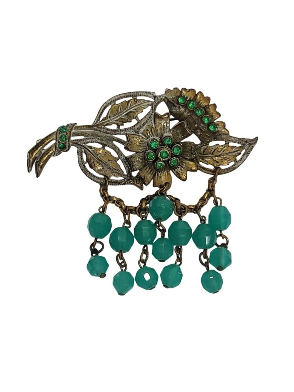 Vintage Gold-Tone Floral Brooch Green Rhinestones Beaded Accents